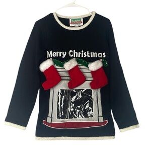 Merry Christmas fireplace stocking holiday ugly Christmas sweater